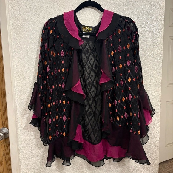 Bob Mackie Wearable Art Women's Sheer Silk Velvet Burnout Ruffle Blouse Large - Picture 1 of 5